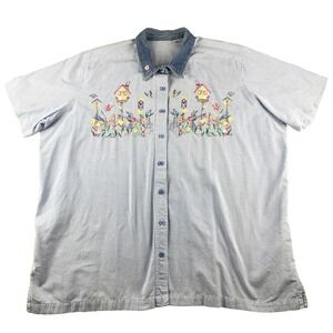 VTG Button Up 22W/ 24W Denim Collar Blue Gingham Check‎  Embroidered Birdhouses